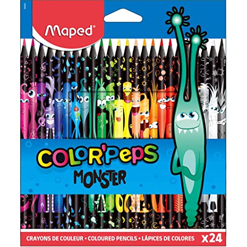 Maped 862624 - ergonomische Drei-Kant-Buntstifte, Farbstifte COLOR'PEPS BLACK MONSTER - schwarzer Schaft und bunte Monster-Bedruckung - 24x Stifte, 24 Stück (1er Pack)