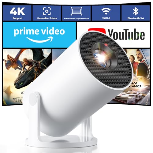 Mini Beamer 4K Unterstützt, 2026 Neuer Beamer Integrierte APP, 20000 Lumens mit Android 14, Automatische Trapezkorrektur, WiFi 6 und Bluetooth 5.4, 180° Dreh Projektor Tragbar Heimkino