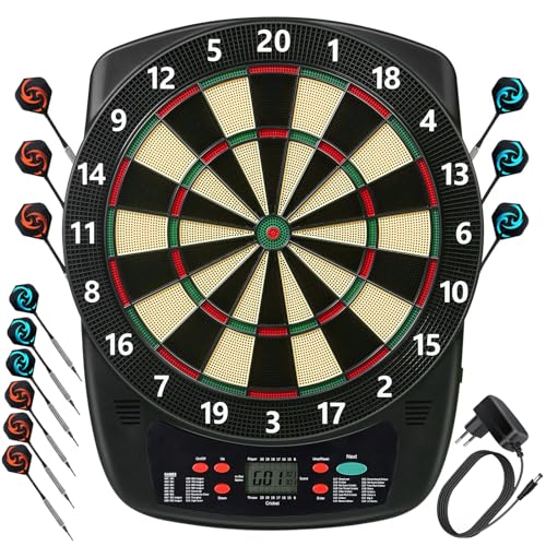 Elektronische Dartscheibe Profi Set 32 Spiele&590 Varianten mit Soundeffekte LCD-Bildschirm, 6 Darts 50 Dartköpfe Netzadapter, E-Darts Dartautomat für Hause Partys Garten Bar 1-8 Spieler, Schwarz