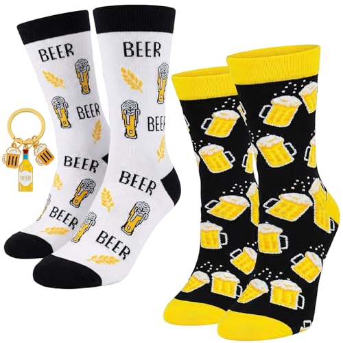 ZVBRSKM 2 Paar Bier Geschenke Für Männer, Bier Socken Mit Schlüsselanhänger, Lustige Socken Für Beerliebhaber, Biersocken Männer 43-46