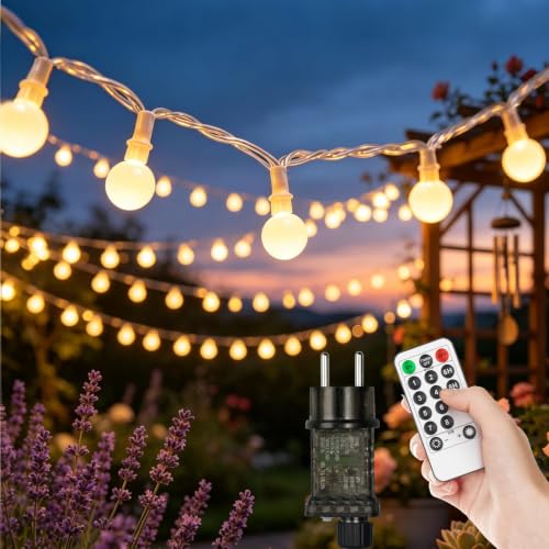 LED Lichterkette Outdoor 15m 100 LEDs – IP44 wasserdicht für Garten & Balkon, Warmweiß mit 8 Modi & Fernbedienung, dimmbar mit Timer, Deko für Party & Terrasse