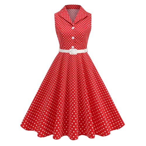 EFOGEP Damen Vintage 1950s Rockabilly Swing Kleid Elegant Polka Dot Revers Cocktail Audrey Hepburn Style Formal Prom Tea Party Midi Kleider mit Gürtel Rot S