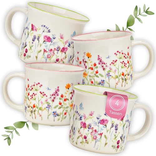 Kaffeetassen Blumenwiese, 4er Set Porzellan-Tassen Bunt - Frühstückstasse 355 ml mit floralem Design