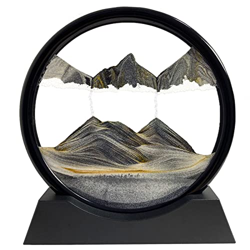 3D Sandbilder Zum Drehen - Dynamisches Sandbild Runde Glas Rahmen, Bewegliche Sandkunst Landschaft, Fließende Sandmalerei für Büro Desktop Dekoration (Schwarz, 7