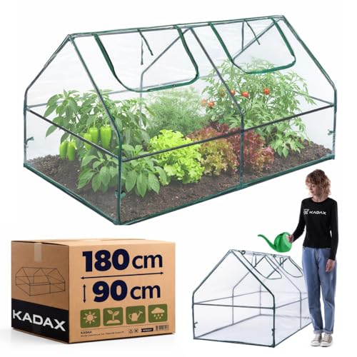 KADAX Mini Gewächshaus 180 × 90 × 93 cm, Foliengewächshaus mit pulverbeschichtetem Stahlrohrrahmen, wetterfester PVC-Abdeckung & 2 Rollfenstern, Treibhaus für Gemüse