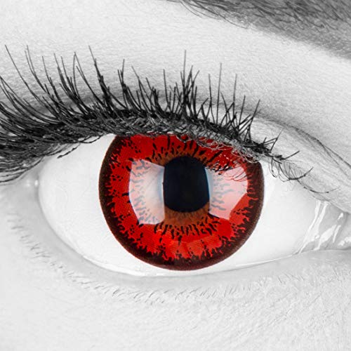 MERALENS Rote Crazy Fun Farbige Kontaktlinsen 'Red Flower' ohne Stärke mit gratis Linsenbehälter - Topqualität zu Fasching, Karneval und Halloween