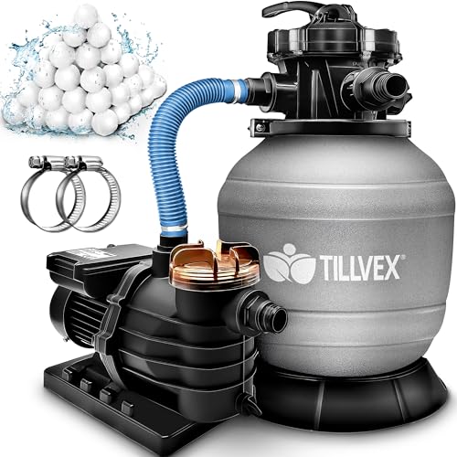 tillvex Sandfilteranlage Pool 10 m³/h inkl. 800g Filterbälle | Filteranlage 7-Wege Ventil & 2in1 Adapter Ø32mm - 38mm | Poolfilter mit Druckanzeige | Sandfilter für Schwimmbecken (Grau)