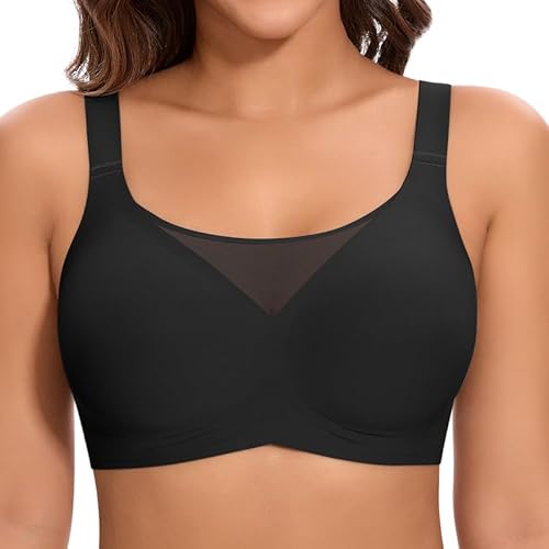 Jiuday Spitzen BH ohne Bügel für Damen Soft Bequemer Nahtloser (#322-Flacher V Schwarz,M)