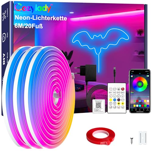 Cozylady RGB Neon Led strip Light, mit Fernbedienung, APP Steuerung, wasserdichte flexible Rgb Streifen, 24V LED Neon band für Schlafzimmer, Heiminnenausstattung Dekoration. (6M/20Fuß)