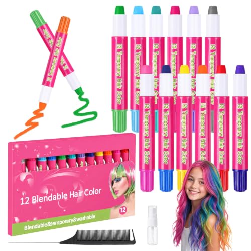 12 Stück haarkreide für mädchen, haartönung auswaschbar, inklusive 12 Farben Haarfarbenkreide, 1 Sprühflasche (10 ml) und 1 Friseurkamm, Haarkreide für Kinder, ideal für Partys, Geburtstage