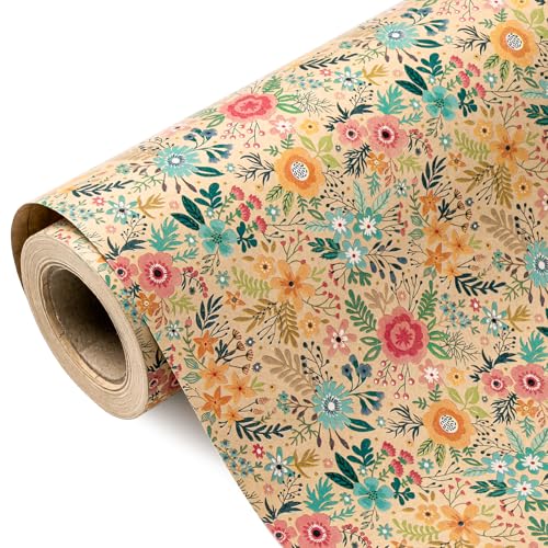 RUSPEPA Kraft-Geschenkpapierrolle mit Blumenmotiv – Mini-Rolle – 43,2 cm x 10 m – Frühlings- und Sommergarten-Blumen-Design, perfekt für Hochzeiten, Brautpartys und Geburtstage