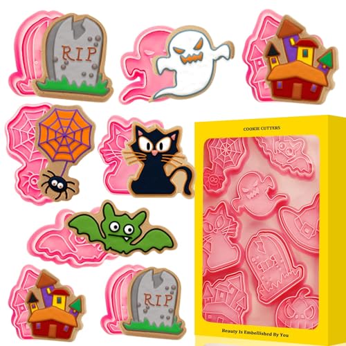 Leesgel Halloween Ausstecher, 8 Stück Kleine Keksausstecher 3D-druckbare Gebäckausstecher für Halloween Deko, Backen, geprägte, geprägte Fondant-Ausstecher für Halloween-Kuchendeko Partyzubehör