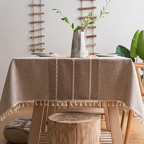 Plenmor Leinen Tischdecke Baumwolle 180x140cm, Khaki Leinenoptik Tischdecke Abwaschbar Table Cloth Tischdecken Boho Rechteckig für Outdoor, Küche, Garten, Party
