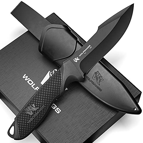 ODENWOLF W1 Outdoor Messer feststehende Klinge - Inkl. Scheide - Ideales Jagdmesser aus einem Stück D2 Stahl gefertigt - Premium Survival Messer - Perfektes Bushcraft Messer Outdoor (Schwarz)