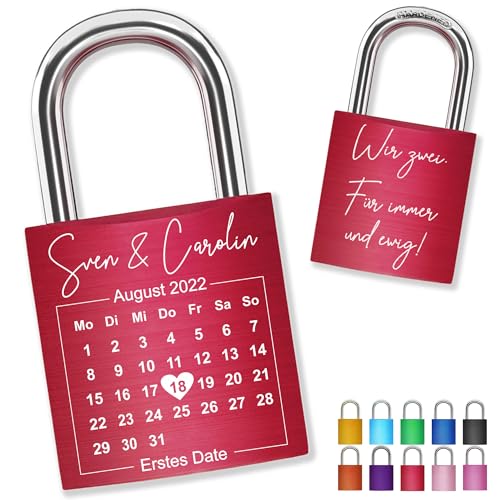 Liebesschloss mit Gravur Kalenderblatt - Rot - gestaltbar mit vielen Farben & Schriften - Jahrestag-Geschenk für Paare Partner - graviertes Liebes Schloss + 2 Schlüssel
