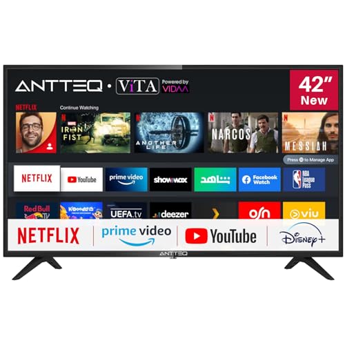 Antteq AV42F3 Fernseher 42 Zoll (106 cm) Full HD Smart TV mit HD Triple Tuner (DVB-C/-S2/-T2), App Store, Netflix, Prime Video, Rakuten TV, DAZN, YouTube, UVM, WiFi, Hotelmodus