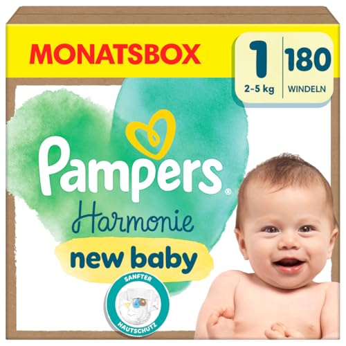 Pampers Harmonie Windeln Größe 1, 180 Windeln, 2kg-5kg, sanfter Hautschutz mit 100Prozent Pampers Schutz