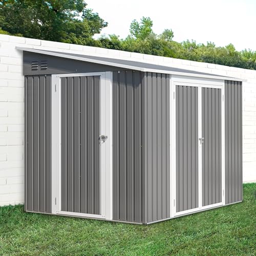 FammyLoft Gartenhaus Metall, 262 x 180 x 201cm, Garten Geräteschuppen Metall, Gerätehaus mit Zwei-Tür-Zugang, Gartenschrank Wasserdicht für Outdoor, Inkl Metallfundament, Grau