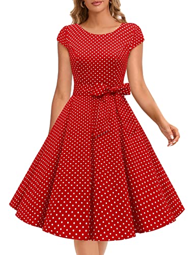 Dressystar Damen Vintage 50er Cap Sleeves Dot Einfarbig Rockabilly Swing Kleider Rot Weiß Dot A XS