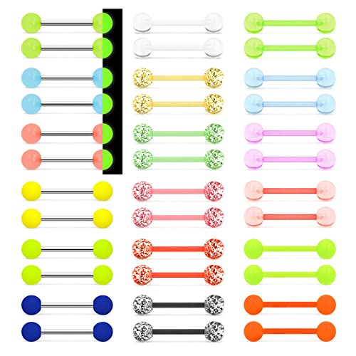 MixPiercing 36Stk Zungenpiercing Kunststoff Leuchtend im Dunkeln Piercing Zunge Nippelpiercing Brustwarzen Piercing Plastik Acryl Neon Farben Kugel 16mm 1,6mm