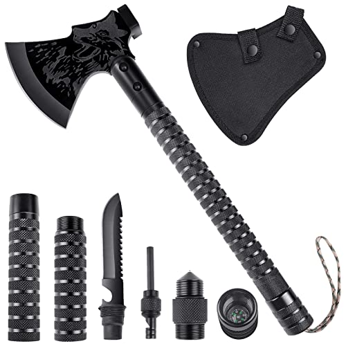 Japaknives Survival Axt 10 in 1, Spaltaxt für Holz, Schärfe Camping Beil, Multitool Campingäxte mit Outdoor Messer und Kompass，Handbeil mit Geschenkbox Schwarze äxte Set für Camping, Jagd, Garten
