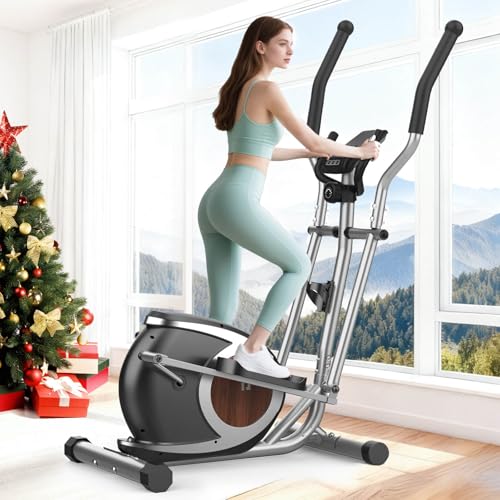 Crosstrainer für Zuhause, 16 Widerstandsstufen Ellipsentrainer mit Bluetooth APP-Connect und LCD-Display, Pulsmessung, Heimfitness Elliptical Stepper (Silber, Bluetooth Monitor)