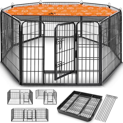 TRESKO® Welpenlaufstall 80 cm hoch inkl. 8X Erdanker | Welpenauslauf 8-teilig | Hundelaufstall faltbar mit Tür | Aufbau werkzeugfrei | Tierlaufstall Hunde wetterfest