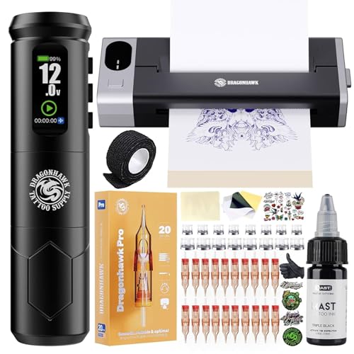 Dragonhawk A1 Pro Tattoo Maschine Set Kabellos Rotary Tätowiermaschine 4.0mm Stroke Length Stencil Nadeldrucker 20 Nadeln für Anfänger