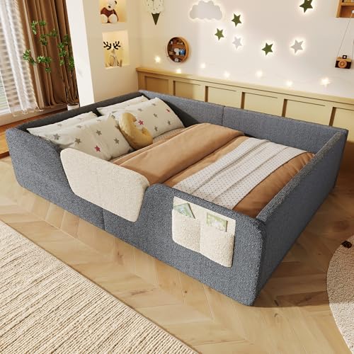 BTM Kinder Bodenbett 140 x 190 cm Samt Kinderbett mit Rausfallschutz Polsterbett mit Aufbewahrung, Grau (ohne Matratze)