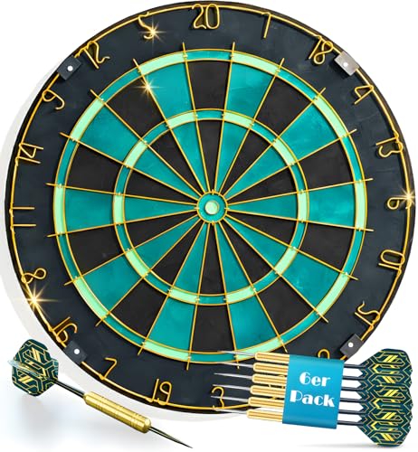 Professionell Sisal Türkis Dartscheibe Dartboard mit Goldener Zahlenring & Pfeilen - Profi Steeldartscheibe - Dart Scheibe Target mit 6 Dartpfeilen Metallspitze golddart Flight Barrels shafts schäfte