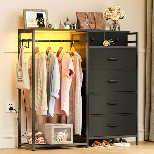Coleshome Kommode mit Schubladen mit Kleiderstange, mit LED-Beleuchtung und Steckdose, Umkehrbares Design mit 6 Schubladen, Stoffkommode für Schlafzimmer und Wohnzimmer, 110 x 30 x 106 cm, Schwarz
