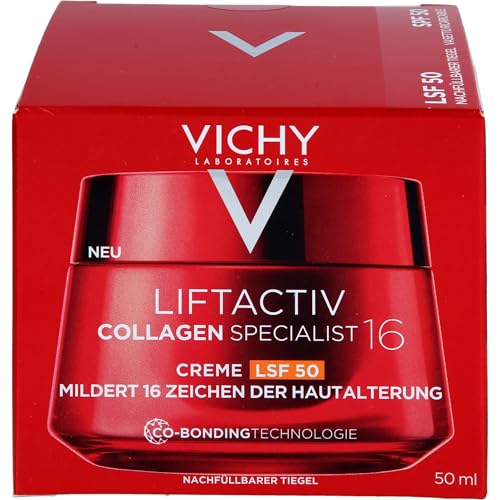 Vichy Liftactiv Collagen Specialist 16 Creme LSF 50, Anti-Aging Tagescreme & Gesichtspflege, Verbessert 16 Zeichen der Hautalterung, Mit Rhamnose, Peptiden & Maitake, UV-Schutz für das Gesicht, 50 ml