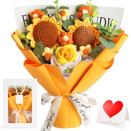 Tenn Well Häkelblumenstrauß Geschenke für Frauen, Gehäkelte Gestrickte Sonnenblumen-Geschenk, Künstliche Blumen für Geburtstag, Abschluss, Jahrestag und Muttertag
