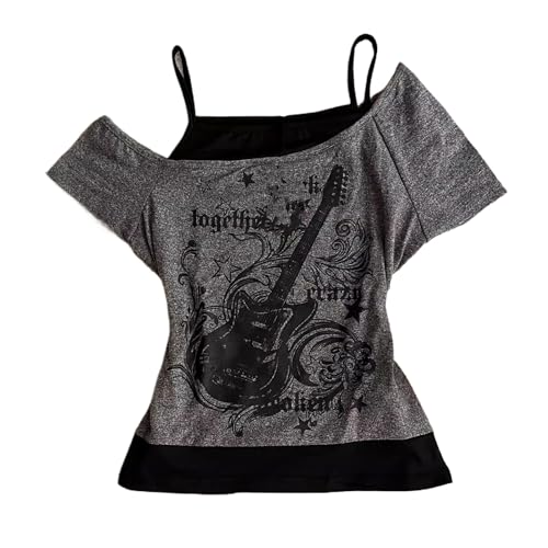Emo Grunge T-Shirts für Damen – Vintage Y2K Fake 2-teilig Gitarre Grafik Baby Tee Gothic Ästhetik Kurzarm Schulterfrei Crop Top Alt Streetwear Punk Sommer Harajuku, grau, Small