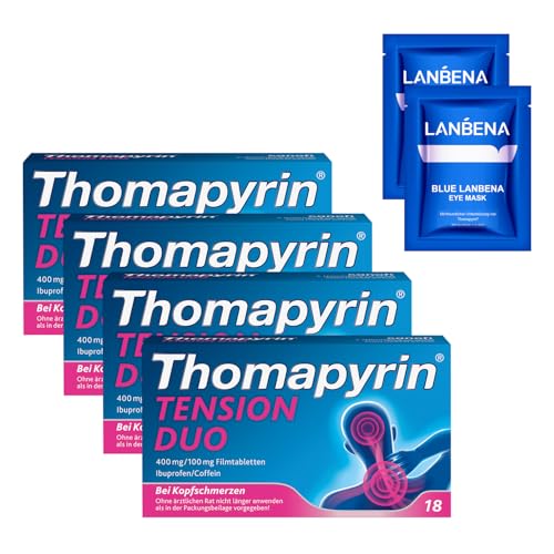Thomapyrin TENSION DUO 2x12 Stk & 4x EyePads | Thomapyrin TENSION DUO Schmerztabletten bei stärkeren Kopfschmerzen | Ibuprofen mit dem Booster Coffein | Wirkt 40% stärker als Ibuprofen 400 mg