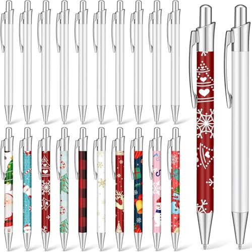 LATERN 20 Stück Sublimations Kugelschreiber, 14CM Leerer Wärmeübertragungsstift Druckkugelschreiber Aluminium-Clip-Stift mit 20 Stück Schrumpffolien für Büro Schule Schreibwaren Weihnachts Zubehör