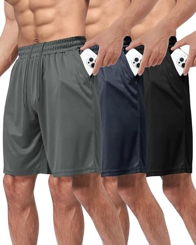 BOOJO 3er Pack Sporthose Herren Kurz Hosen mit Taschen Sport Shorts Schnell Trocknend Trainingshose für Gym Fitness(Schwarz/Dunkelgrau/Dunkelblau,L)