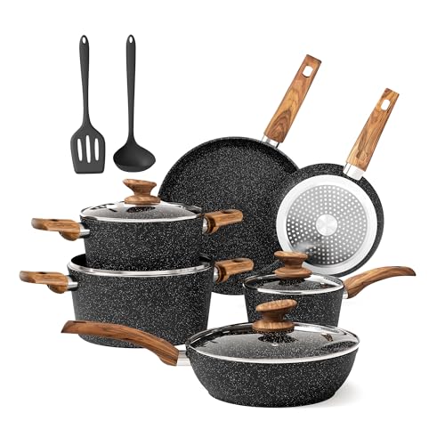 Kitchen Academy Topfset 12tlg Antihaft-Versiegelung Kochgeschirr Set Topf und Pfannenset mit Deckel, Töpfe und Pfannen set für Induktion, Gasherde und Mikrowelle,Schwarz