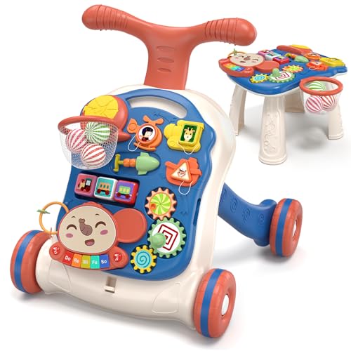 QDRAGON 3 in 1 Lauflernwagen, Baby Lauflernhilfe Mit Regulierbarer Geschwindigkeit, Baby Spiel Gehhilfe Mit Abnehmbarem Spielboard, Baby Walker Für Kinder Von 12-36 Monaten, Blau