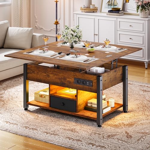 YITAHOME Couchtisch mit Höhenverstellbarer, 4-in-1-Multifunktions-Couchtisch mit Stauraum und LED Beleuchtung, Couchtisch lässt Sich in einen Esstisch für das Wohnzimmer umwandeln, Vintage-Braun