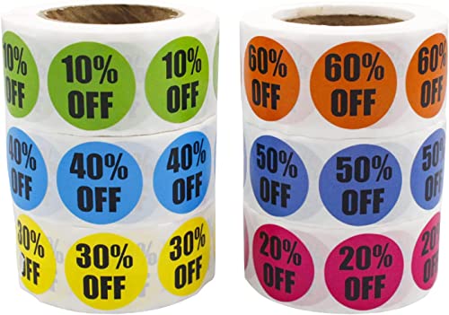 BLMHTWO 3000 Stücke Aktionsetiketten, Rabatt Verkaufs Aufkleber 10%-60% Prozent weg Aufkleber 6 Rollen runder selbstklebender Einzelhandelsetiketten (25mm)