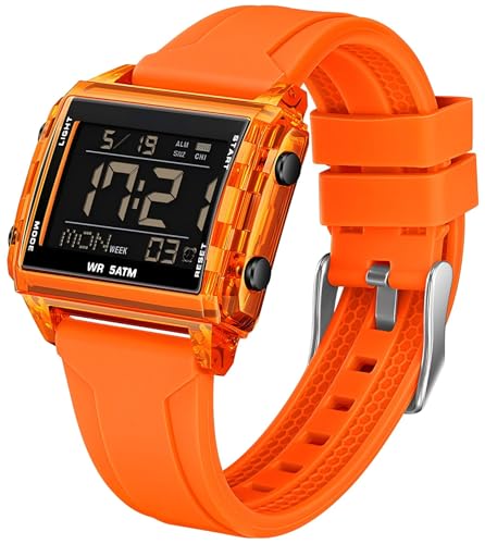 Digital Sportuhr Rechteckig Armbanduhr Transparent Outdoor Wasserdicht leuchtende ziffern mit Große Zahl Chronograph Stoppuhr Alarm Multifunktional Digitaluhr für Damen und Herren Orange Unique