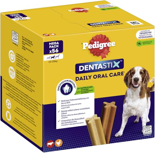 Pedigree DentaStix Hundesnack für mittelgroße Hunde (10-25kg), Zahnpflege-Snack mit Huhn und Rind, 1 Packung je 56 Stück (1 x 1.44 kg)