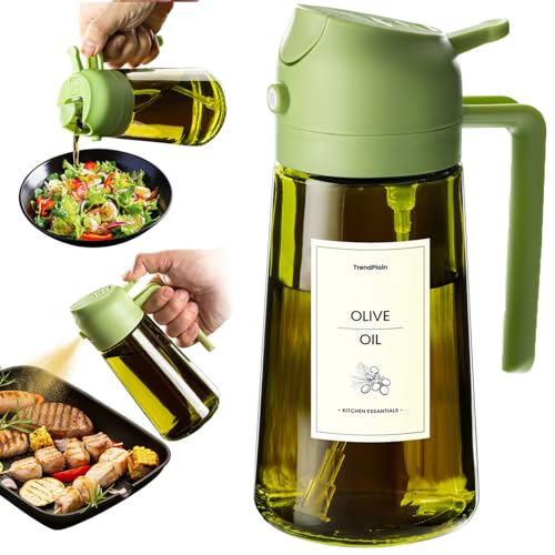 TrendPlain - 470ml Öl Sprühflasche - 2 in 1 Ölspender und Ölsprüher - Ölspray mit Etiketten - Küchen Gadgets für Kochen, Salat und Grill - mit lichtschützendem Design - Grün