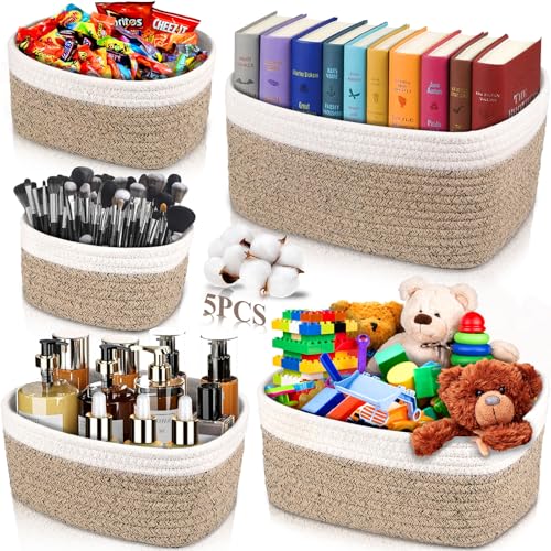 ZHHGOO 5er Set Aufbewahrungskorb Geflochten,Cotton Rope Braided Storage Basket,Stapelbare Speicher Storage Basket für Organisieren von Kleidung,Badezimmer,Spielzeug Körbe Aufbewahrung