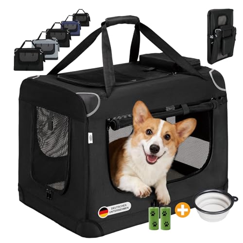 Zedelmaier Hundebox Faltbar Hundetransportbox, M 60x44x42cm, robust Transportbox für Hund & Katze Groß Hundetasche Auto Haustiertransportbox für Unterwegs & Zuhause Schwarz