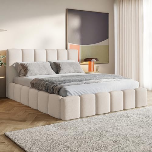 MOTIVENA Nunu Bubble-Bettgestell 180x200, Stauraum, Kopfteil, Bouclé, Beige