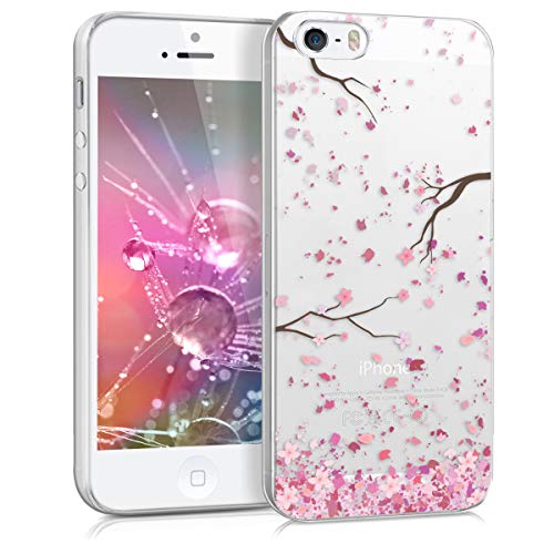 kwmobile Case kompatibel mit Apple iPhone SE (1.Gen 2016) / iPhone 5 / iPhone 5S - Hülle Silikon transparent Kirschblütenblätter Rosa Dunkelbraun Transparent