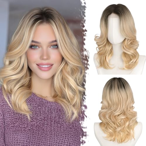 BARSDAR Kurze Gewellte Blond Ombre Perücke, Schulter Lange Ombre Blond Perücken für Frauen Kurze Lockere Wellen Layered Perücke mit Face-Framing Curtain Pony Weiche Synthetik Natürlich Aussehend