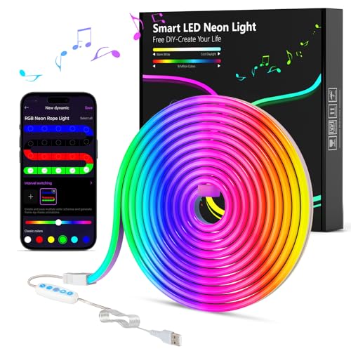 MeRGBW-Home 3m Neon LED Strip, RGB Band Neon Seil Lampe, 5V Flexible LED Streifen mit App-Steuerung, DIY-Formen, Musik Sync, LED Lichtband für Wohnzimmer, Schlafzimmer, Wand, Gaming Deko
